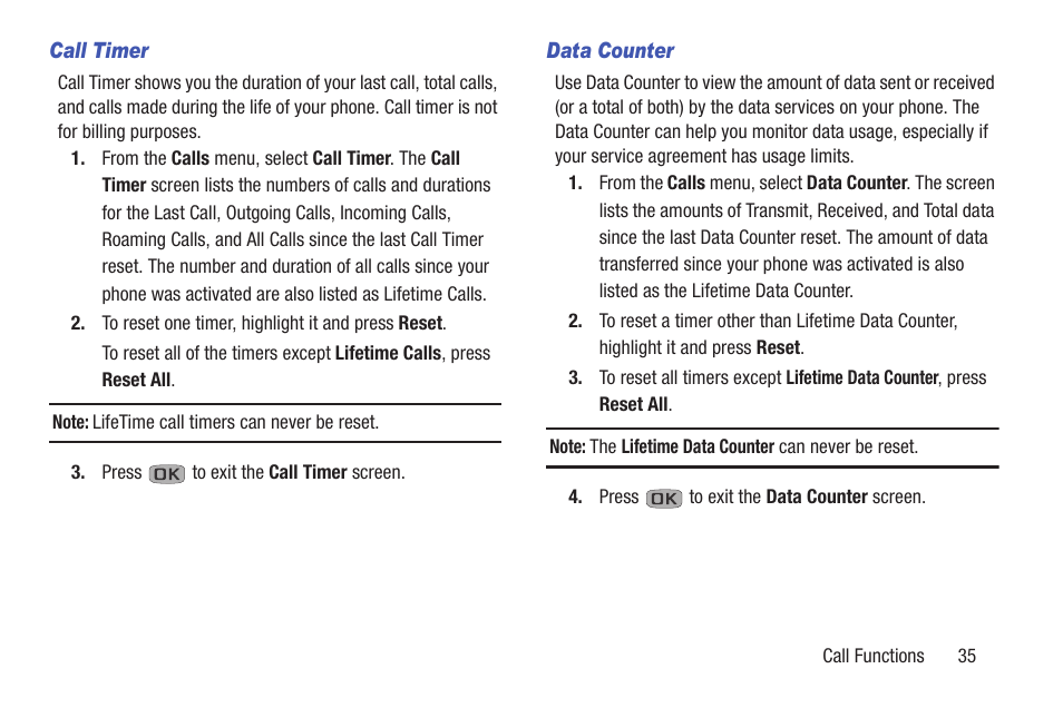 Call timer, Data counter | Samsung SCH-R270ZKAMTR User Manual | Page 39 / 159