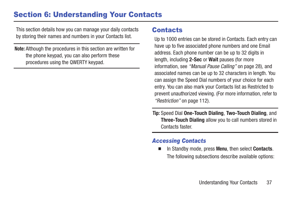 Section 6: understanding your contacts, Contacts, Accessing contacts | Section 6: understanding your contacts .37 | Samsung SCH-R270ZKAMTR User Manual | Page 41 / 159