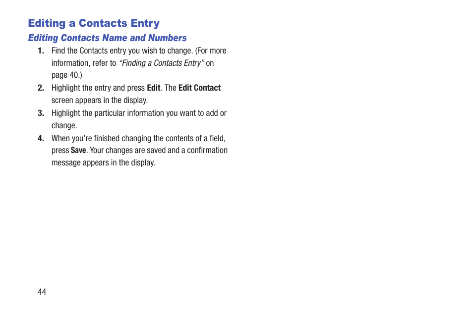 Editing a contacts entry, Editing contacts name and numbers | Samsung SCH-R270ZKAMTR User Manual | Page 48 / 159