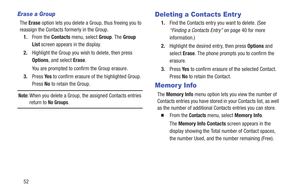 Erase a group, Deleting a contacts entry, Memory info | Deleting a contacts entry memory info | Samsung SCH-R270ZKAMTR User Manual | Page 56 / 159