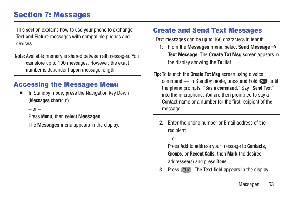 Section 7: messages, Accessing the messages menu, Create and send text messages | For more information | Samsung SCH-R270ZKAMTR User Manual | Page 57 / 159