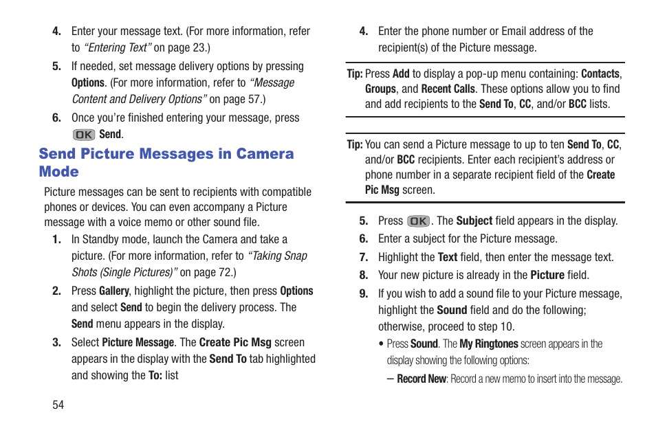 Send picture messages in camera mode | Samsung SCH-R270ZKAMTR User Manual | Page 58 / 159