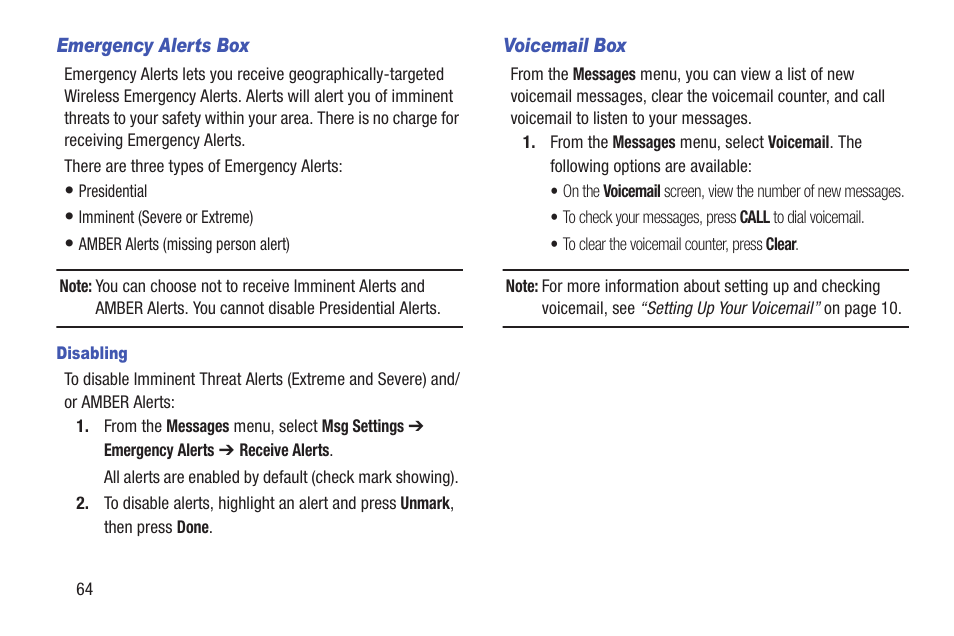 Emergency alerts box, Disabling, Voicemail box | Samsung SCH-R270ZKAMTR User Manual | Page 68 / 159