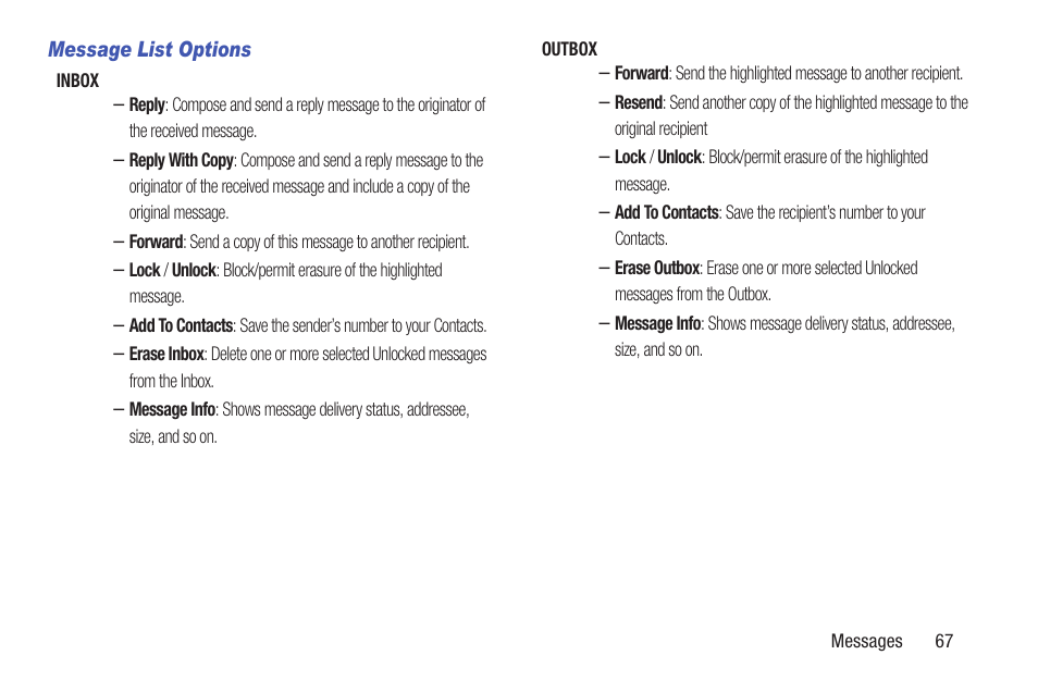 Message list options, For more information, refer, For more information | Samsung SCH-R270ZKAMTR User Manual | Page 71 / 159
