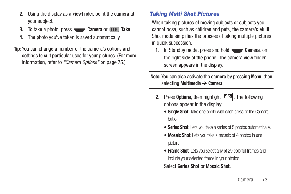 Taking multi shot pictures | Samsung SCH-R270ZKAMTR User Manual | Page 77 / 159