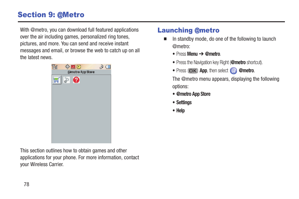 Section 9: @metro, Launching @metro | Samsung SCH-R270ZKAMTR User Manual | Page 82 / 159