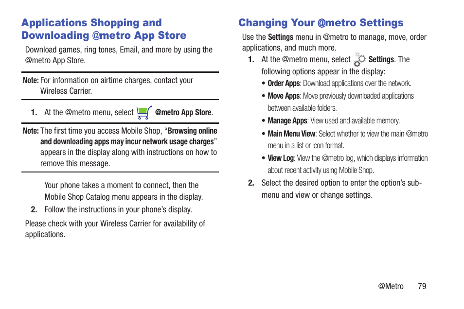 Changing your @metro settings, Applications shopping and downloading, Metro app store | Samsung SCH-R270ZKAMTR User Manual | Page 83 / 159