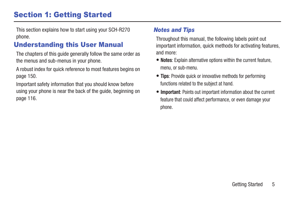 Section 1: getting started, Understanding this user manual, Notes and tips | Samsung SCH-R270ZKAMTR User Manual | Page 9 / 159