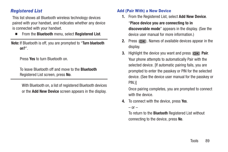 Registered list, Add (pair with) a new device | Samsung SCH-R270ZKAMTR User Manual | Page 93 / 159