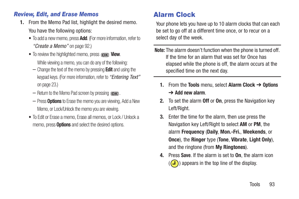 Review, edit, and erase memos, Alarm clock | Samsung SCH-R270ZKAMTR User Manual | Page 97 / 159