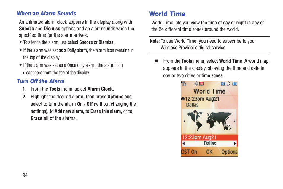 When an alarm sounds, Turn off the alarm, World time | Samsung SCH-R270ZKAMTR User Manual | Page 98 / 159