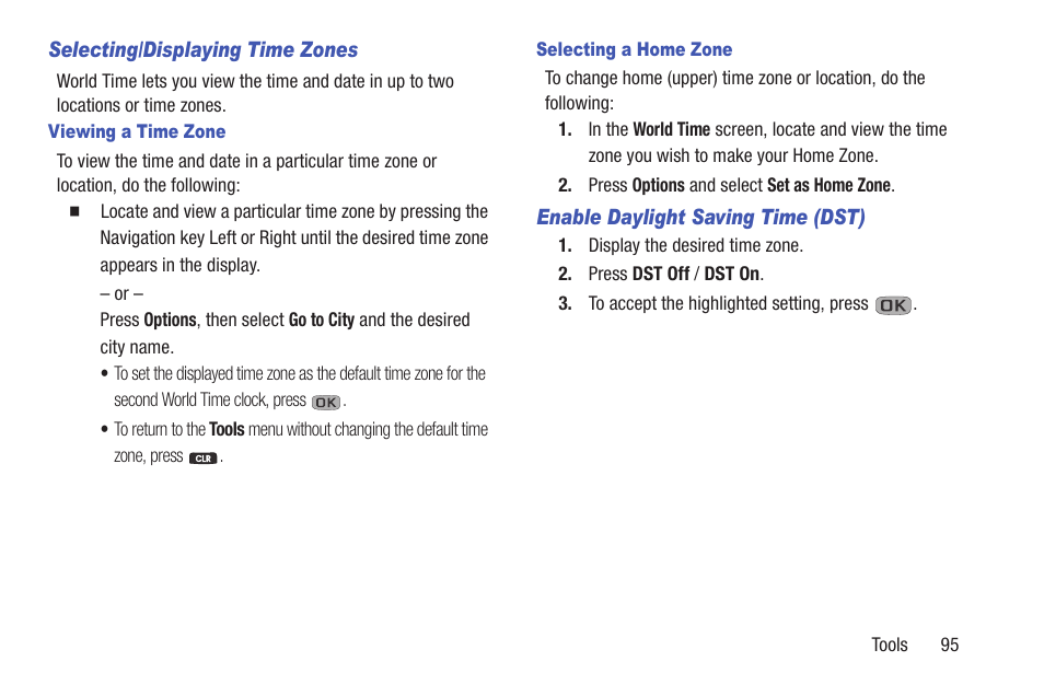 Selecting/displaying time zones, Viewing a time zone, Selecting a home zone | Enable daylight saving time (dst) | Samsung SCH-R270ZKAMTR User Manual | Page 99 / 159