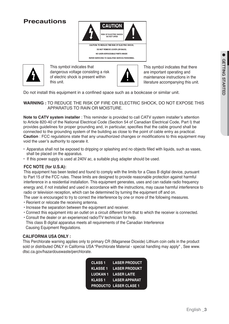 Precautions | Samsung DVD-P190-XAA User Manual | Page 3 / 51