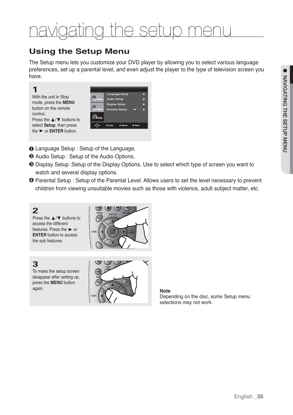 Navigating the setup menu, Using the setup menu | Samsung DVD-P190-XAA User Manual | Page 35 / 51