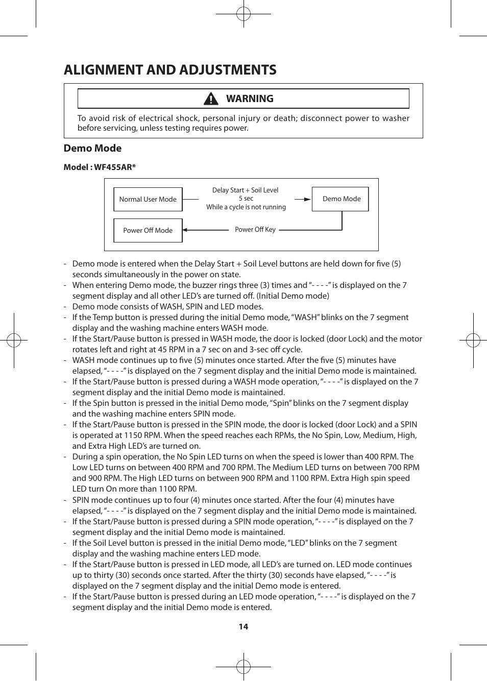 Alignment and adjustments, Demo mode, Warning | Samsung WF455ARGSWR-A2 User Manual | Page 14 / 84