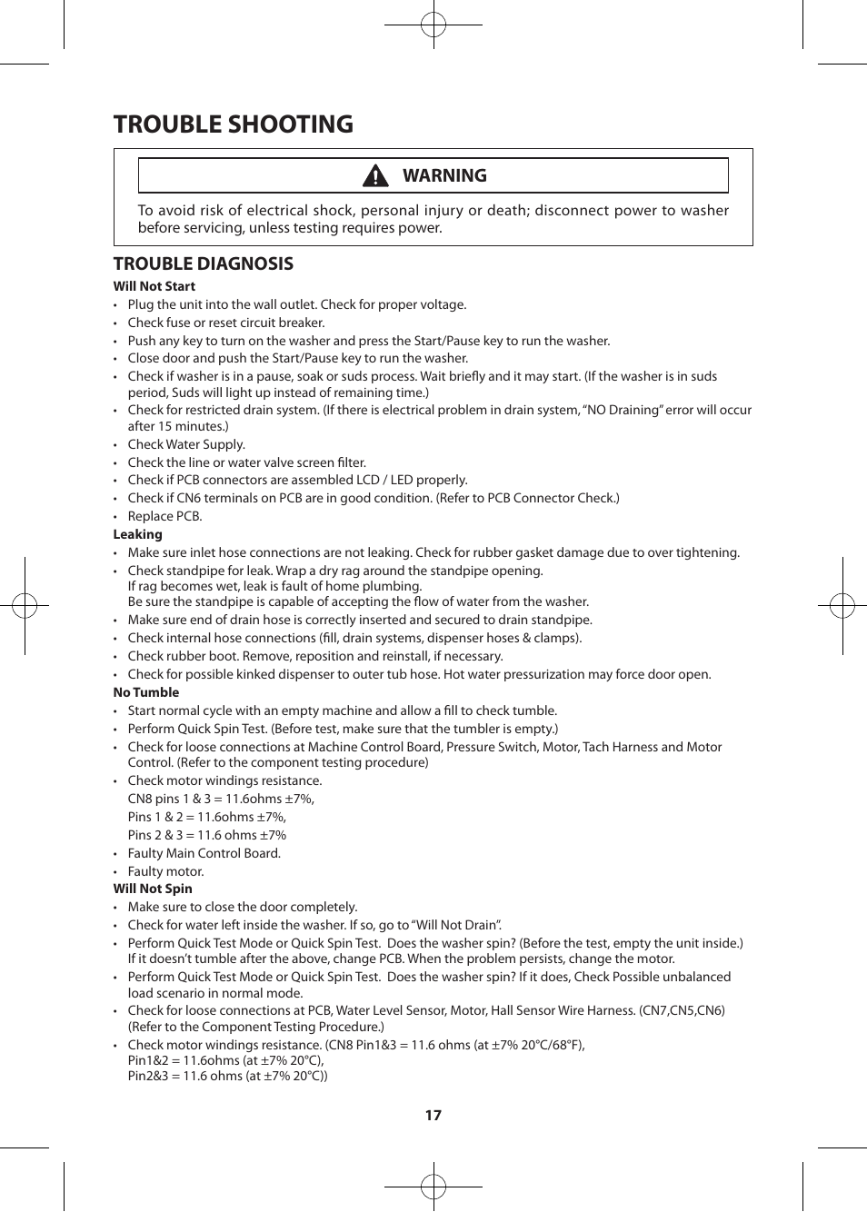 Trouble shooting, Trouble diagnosis, Warning | Samsung WF455ARGSWR-A2 User Manual | Page 17 / 84