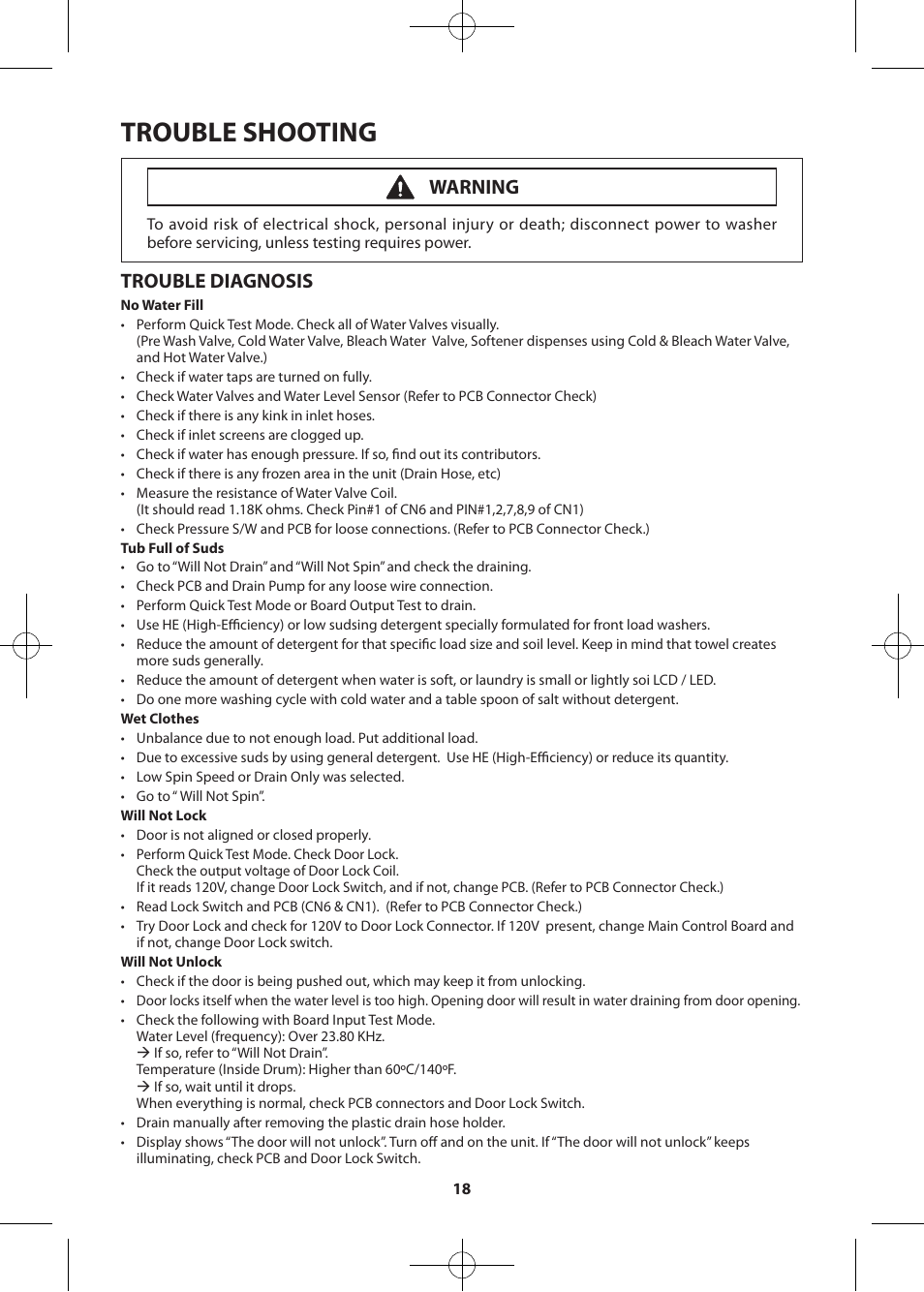 Trouble shooting, Trouble diagnosis, Warning | Samsung WF455ARGSWR-A2 User Manual | Page 18 / 84