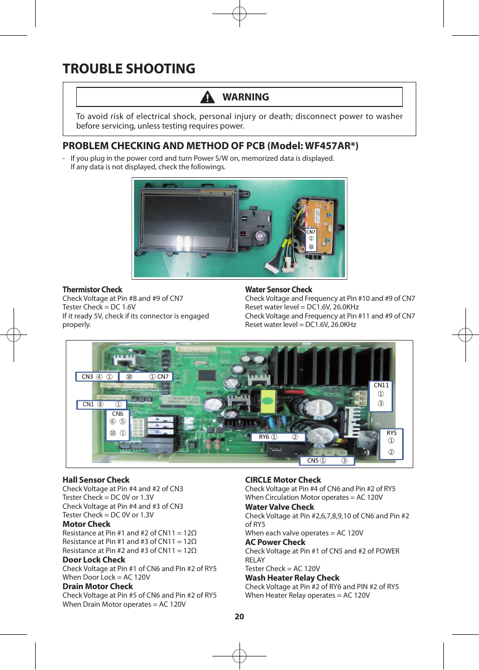 Trouble shooting, Warning | Samsung WF455ARGSWR-A2 User Manual | Page 20 / 84