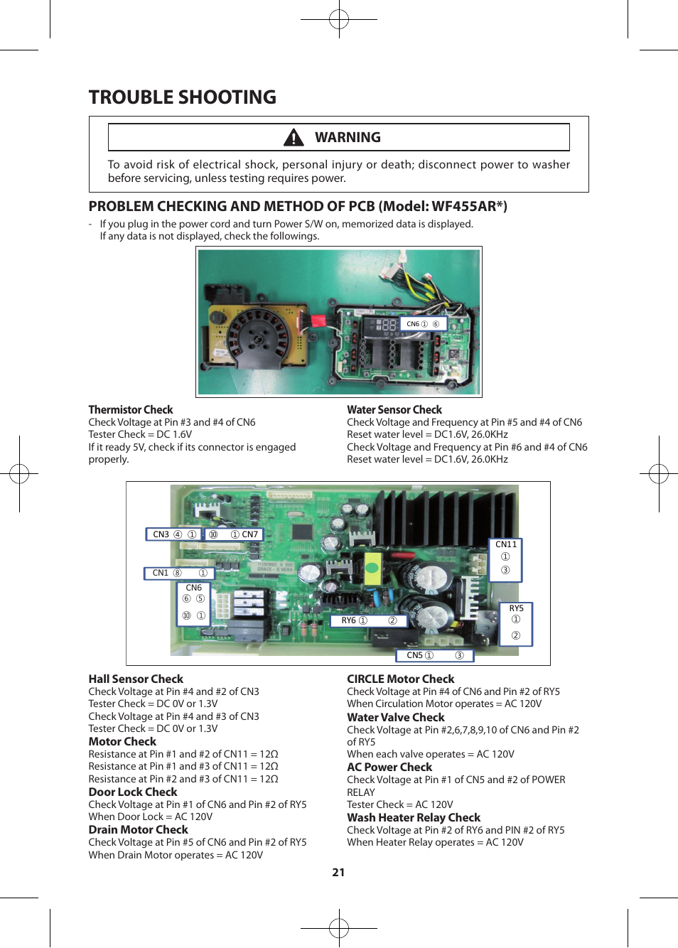 Trouble shooting, Warning | Samsung WF455ARGSWR-A2 User Manual | Page 21 / 84