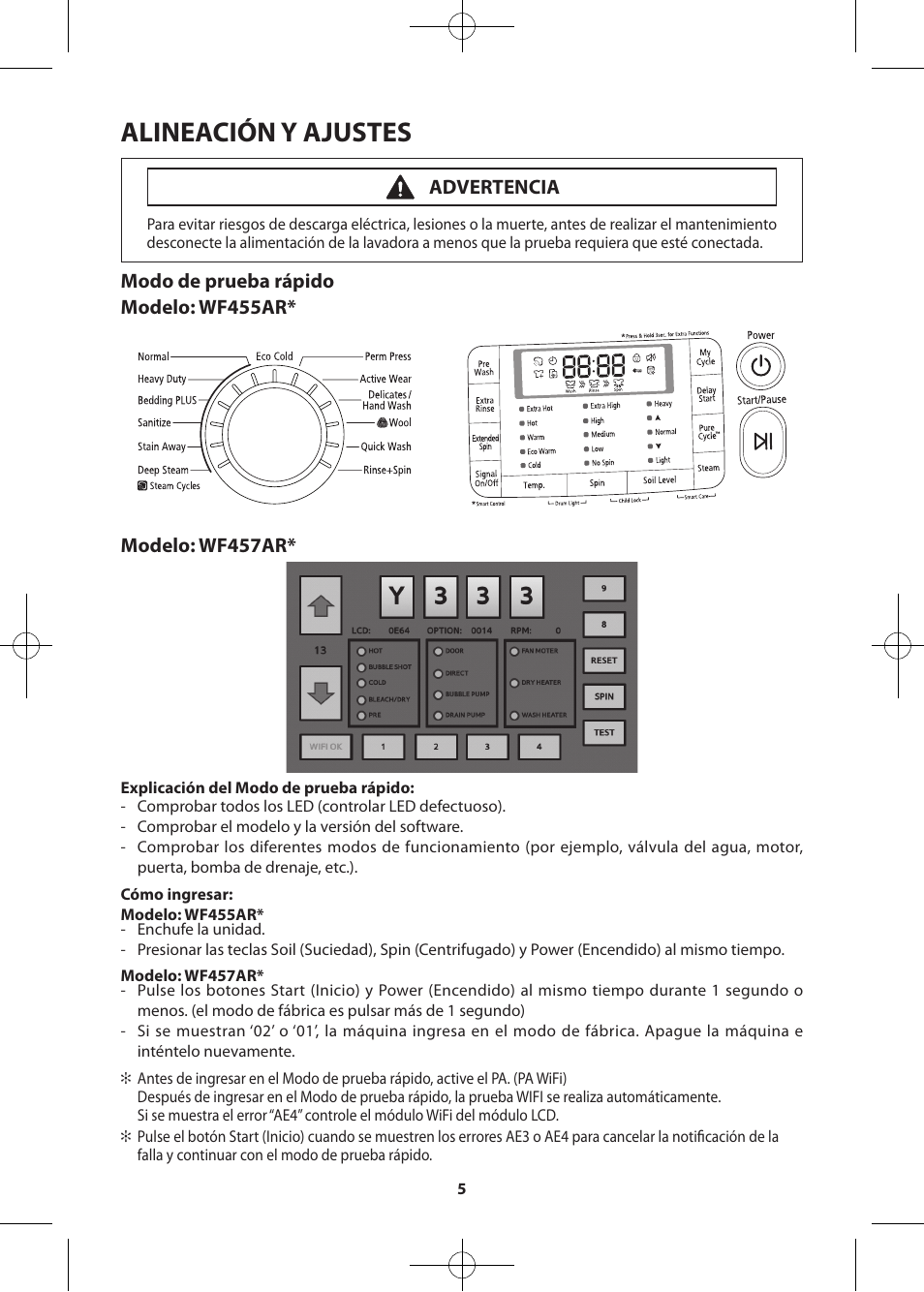 Alineación y ajustes, Advertencia | Samsung WF455ARGSWR-A2 User Manual | Page 33 / 84