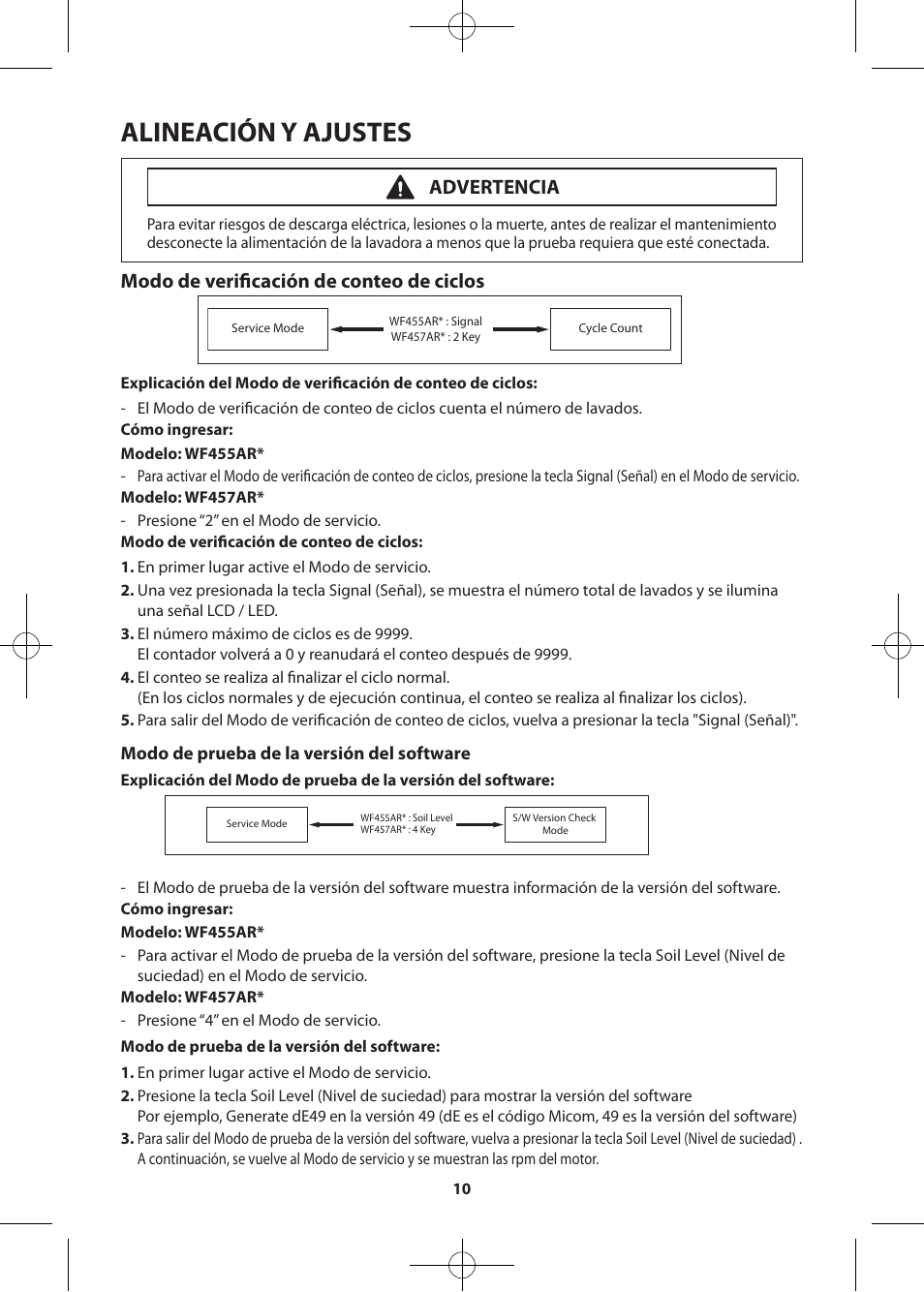 Alineación y ajustes, Modo de verificación de conteo de ciclos, Advertencia | Samsung WF455ARGSWR-A2 User Manual | Page 38 / 84