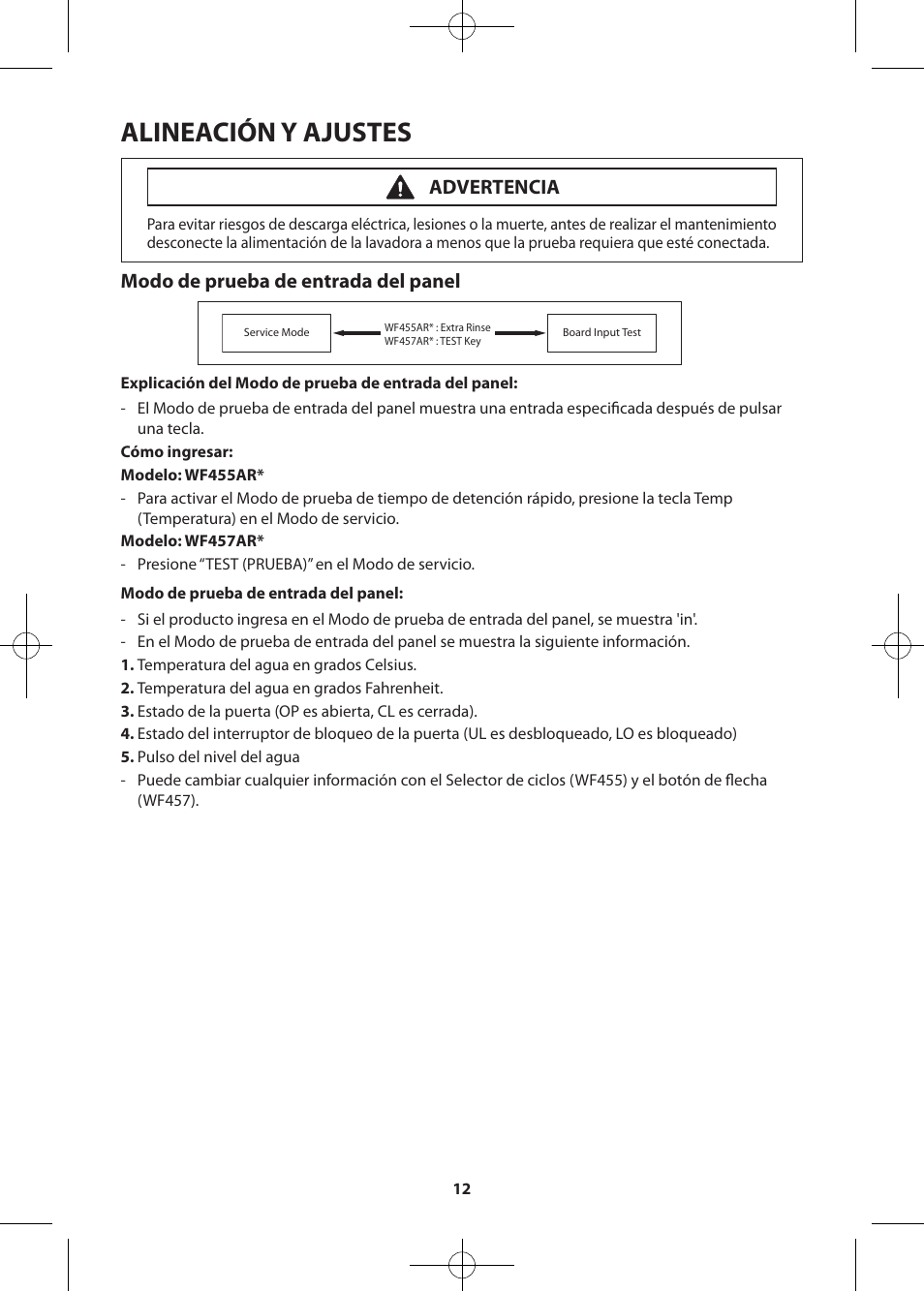 Alineación y ajustes, Modo de prueba de entrada del panel, Advertencia | Samsung WF455ARGSWR-A2 User Manual | Page 40 / 84