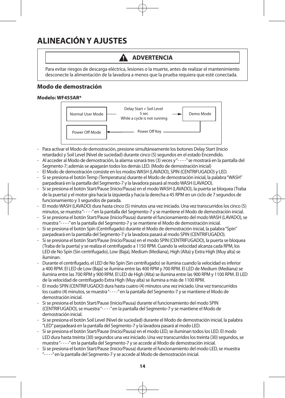 Alineación y ajustes, Modo de demostración, Advertencia | Samsung WF455ARGSWR-A2 User Manual | Page 42 / 84