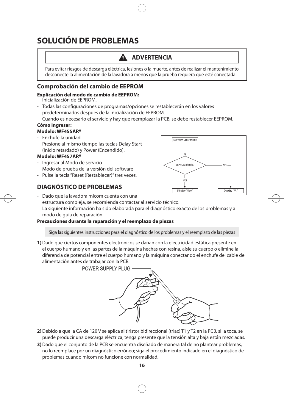 Solución de problemas, Comprobación del cambio de eeprom, Diagnóstico de problemas | Advertencia | Samsung WF455ARGSWR-A2 User Manual | Page 44 / 84