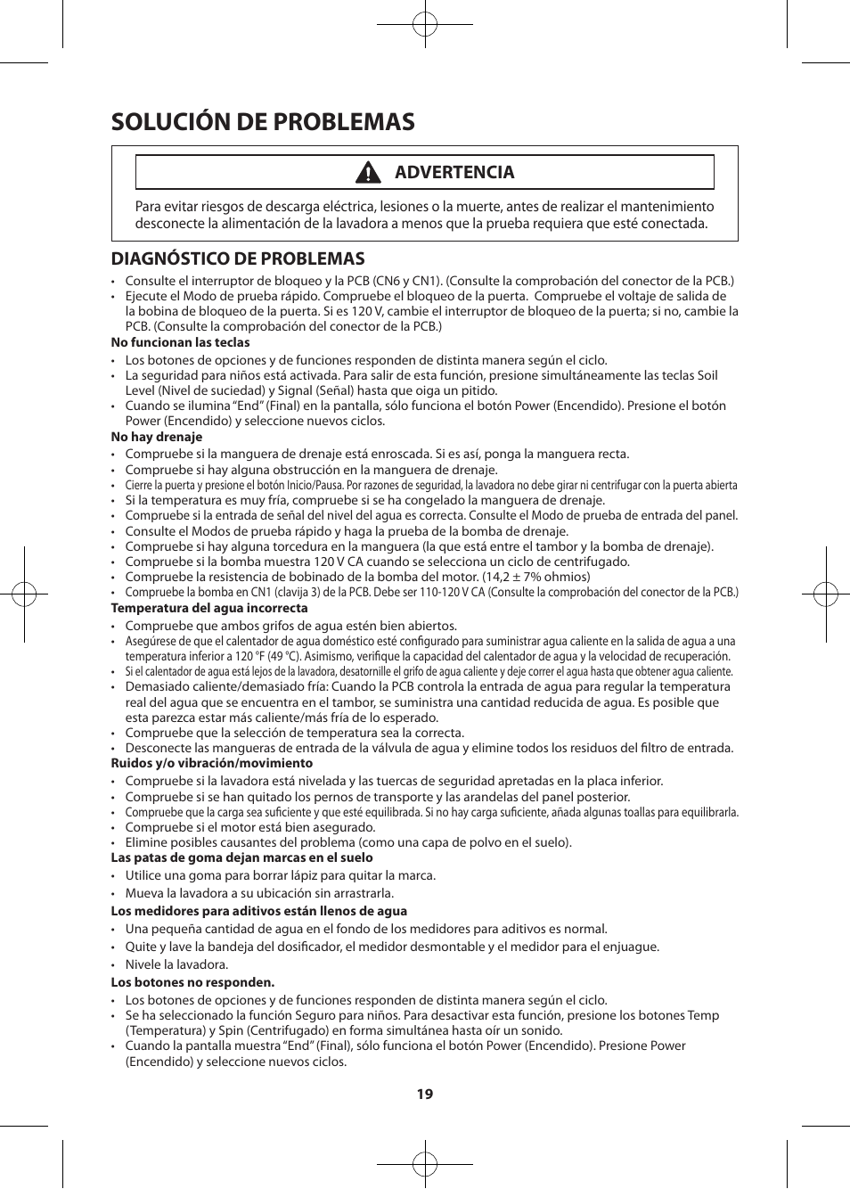Solución de problemas, Diagnóstico de problemas, Advertencia | Samsung WF455ARGSWR-A2 User Manual | Page 47 / 84