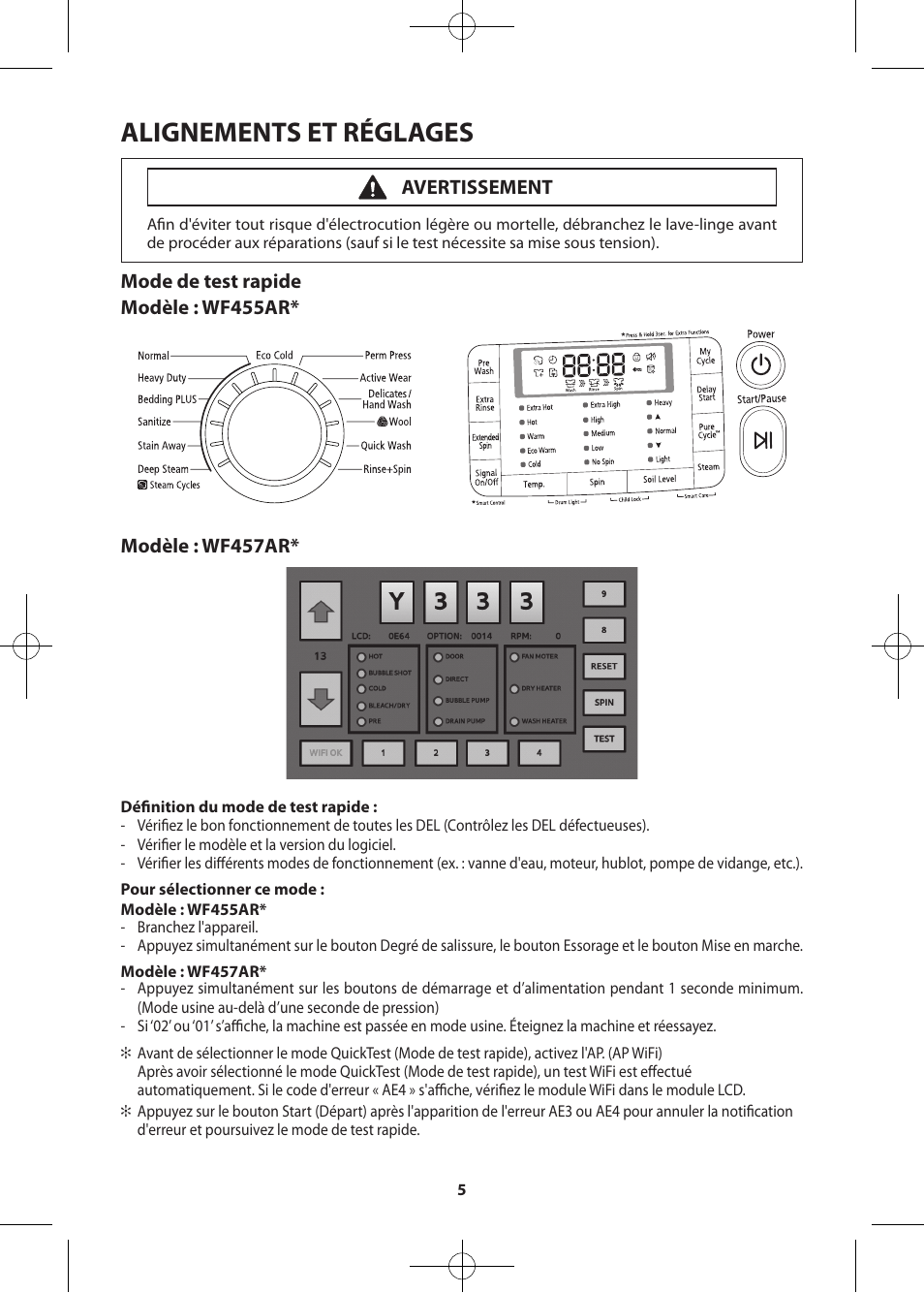 Alignements et réglages, Avertissement | Samsung WF455ARGSWR-A2 User Manual | Page 61 / 84