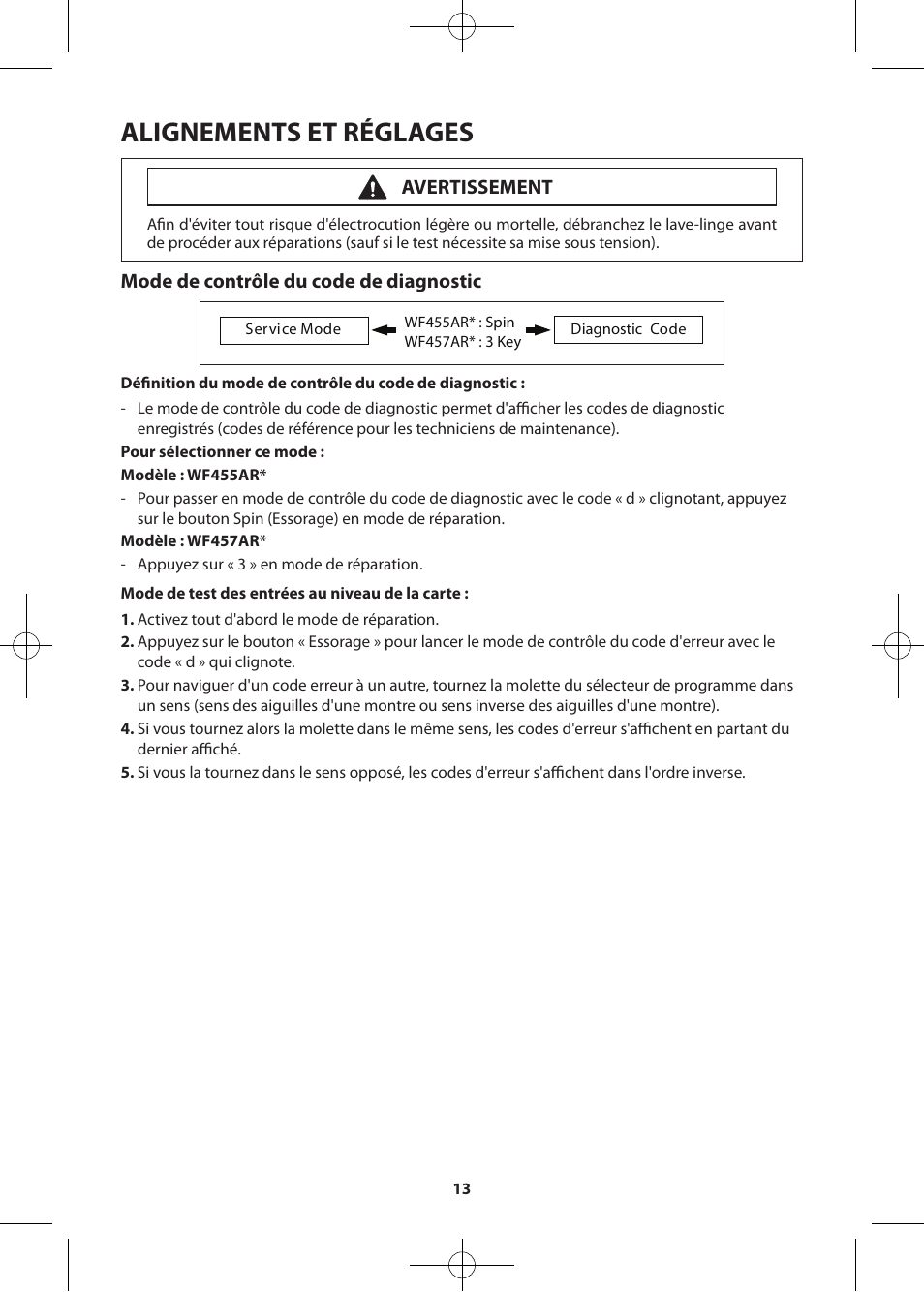 Alignements et réglages, Mode de contrôle du code de diagnostic, Avertissement | Samsung WF455ARGSWR-A2 User Manual | Page 69 / 84