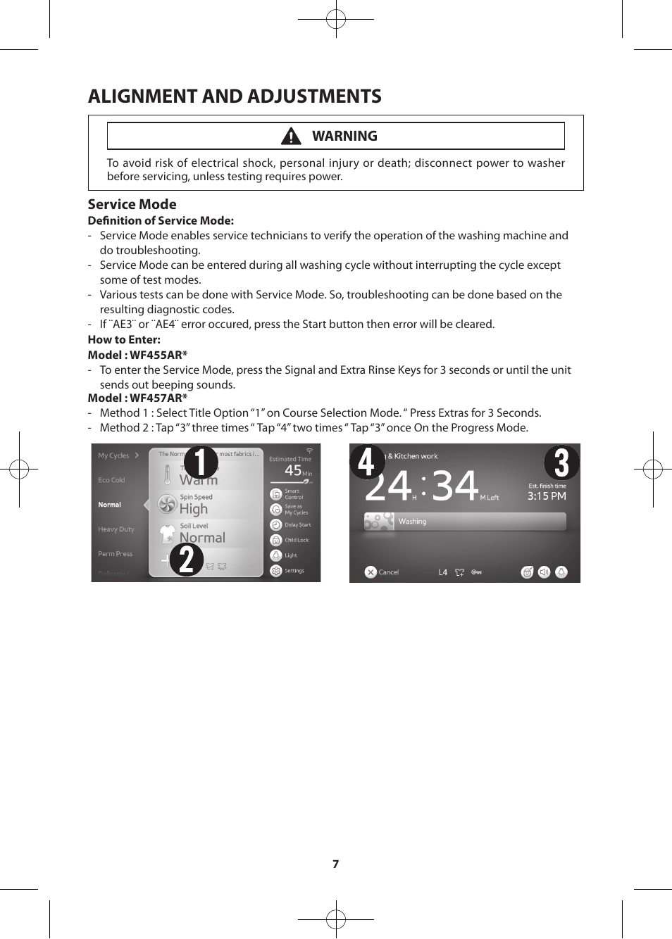 Alignment and adjustments, Service mode, Warning | Samsung WF455ARGSWR-A2 User Manual | Page 7 / 84