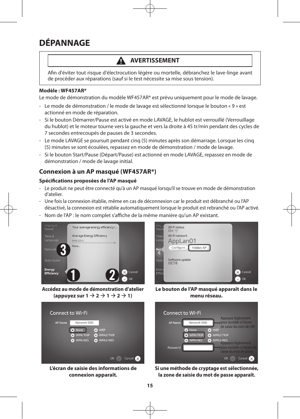 Dépannage, Connexion à un ap masqué (wf457ar*), Avertissement | Samsung WF455ARGSWR-A2 User Manual | Page 71 / 84