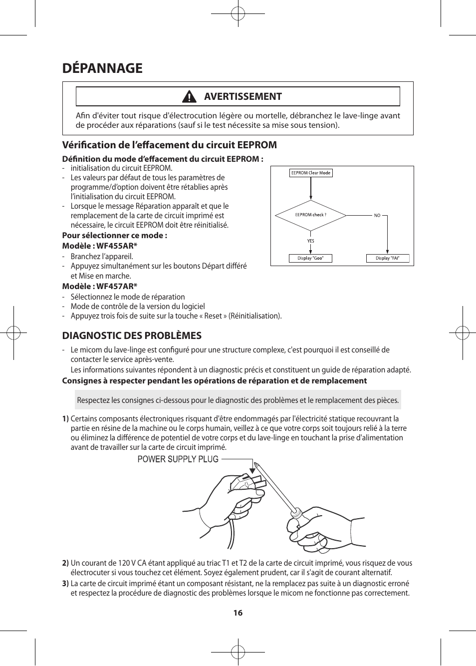 Dépannage, Vérification de l’effacement du circuit eeprom, Diagnostic des problèmes | Avertissement | Samsung WF455ARGSWR-A2 User Manual | Page 72 / 84