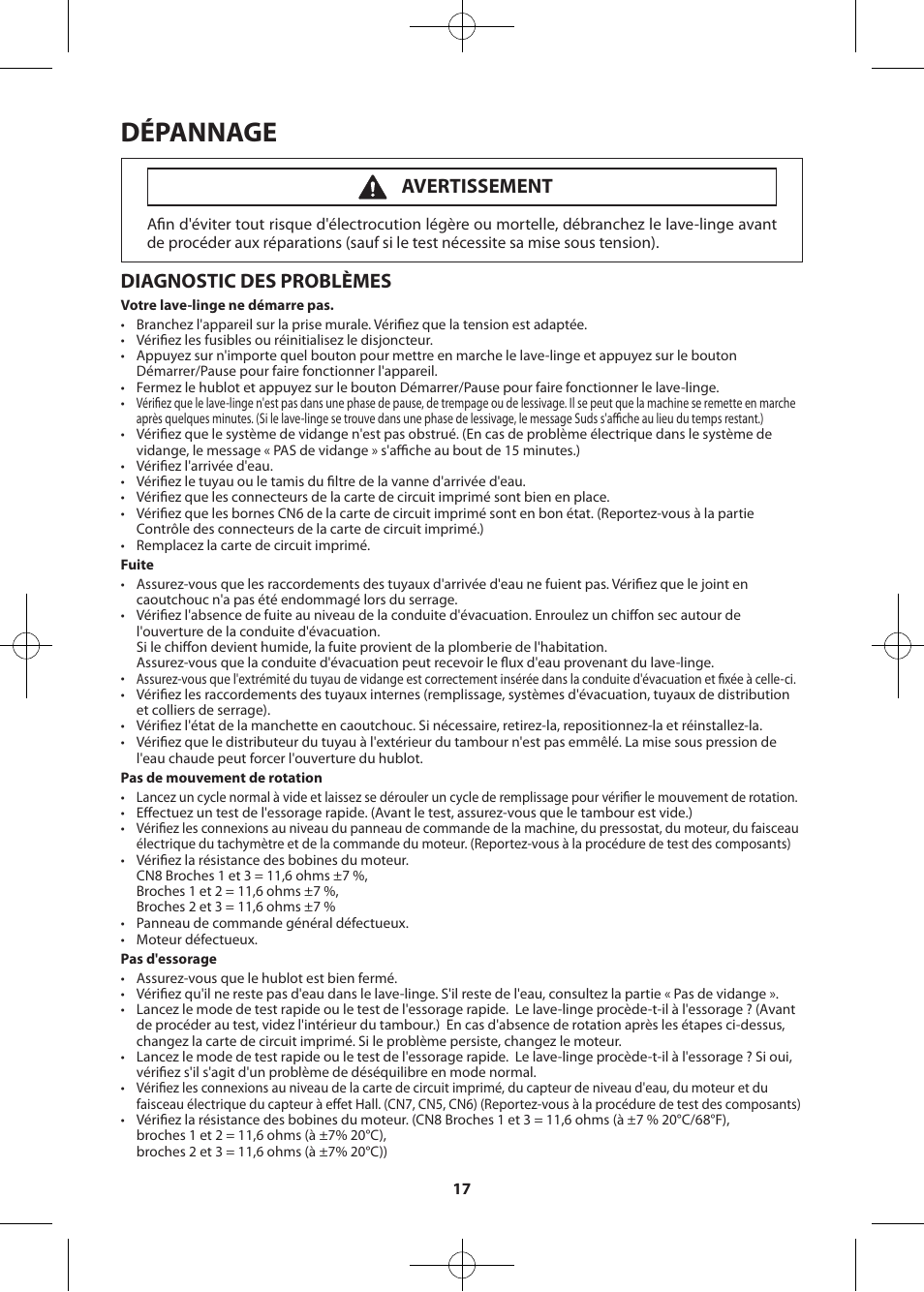 Dépannage, Diagnostic des problèmes, Avertissement | Samsung WF455ARGSWR-A2 User Manual | Page 73 / 84