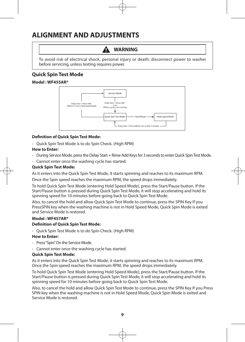Alignment and adjustments, Quick spin test mode, Warning | Samsung WF455ARGSWR-A2 User Manual | Page 9 / 84
