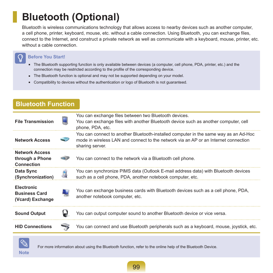 Bluetooth (optional), Bluetooth function | Samsung NP-X22-K01-SEA User Manual | Page 100 / 200