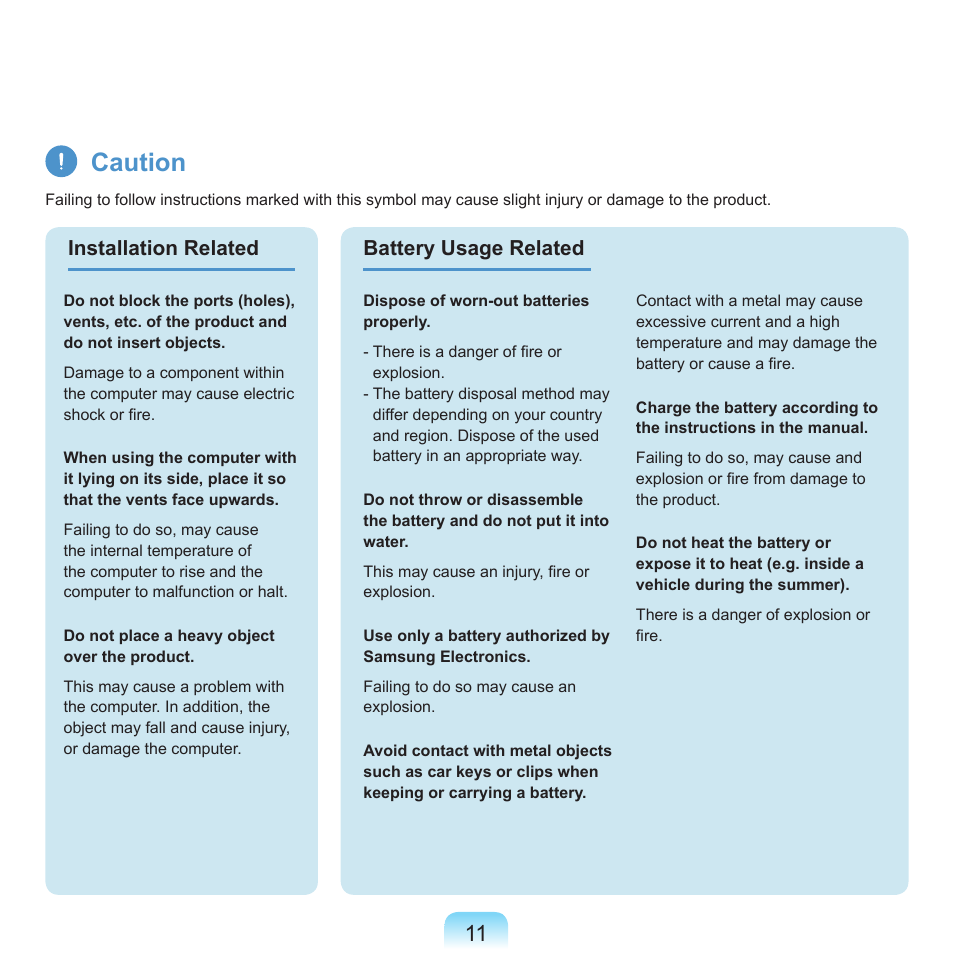 Caution, Installation related battery usage related | Samsung NP-X22-K01-SEA User Manual | Page 12 / 200