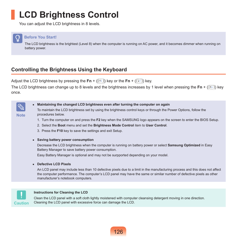 Lcd brightness control, Controlling the brightness using the keyboard | Samsung NP-X22-K01-SEA User Manual | Page 127 / 200