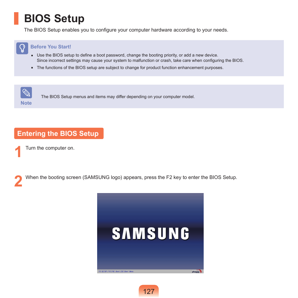 Bios setup, Entering the bios setup | Samsung NP-X22-K01-SEA User Manual | Page 128 / 200