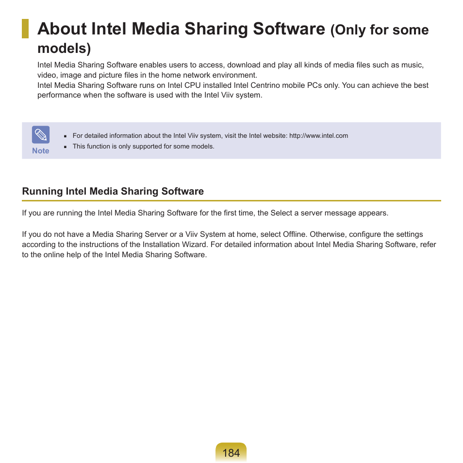 About intel media sharing software, Only for some models) | Samsung NP-X22-K01-SEA User Manual | Page 185 / 200