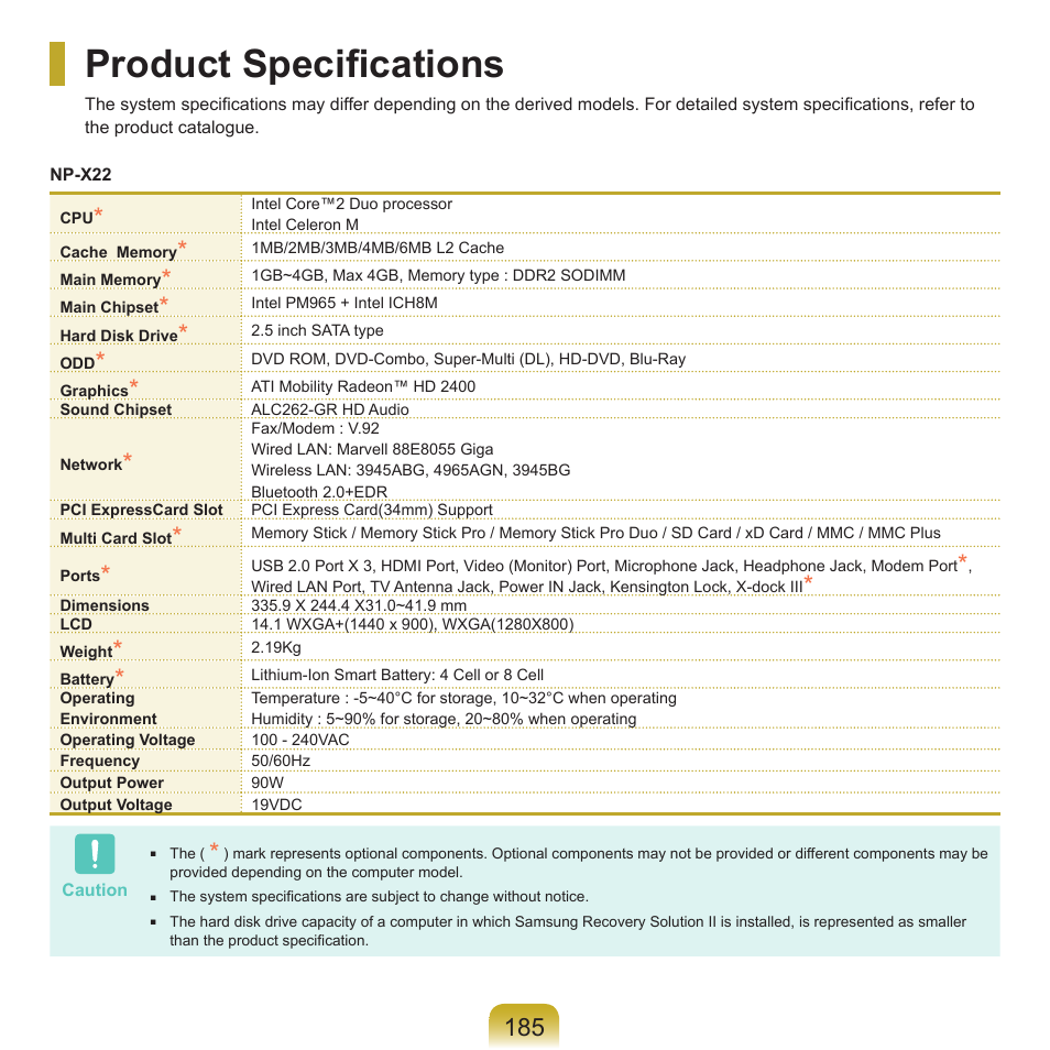 Product specifications | Samsung NP-X22-K01-SEA User Manual | Page 186 / 200