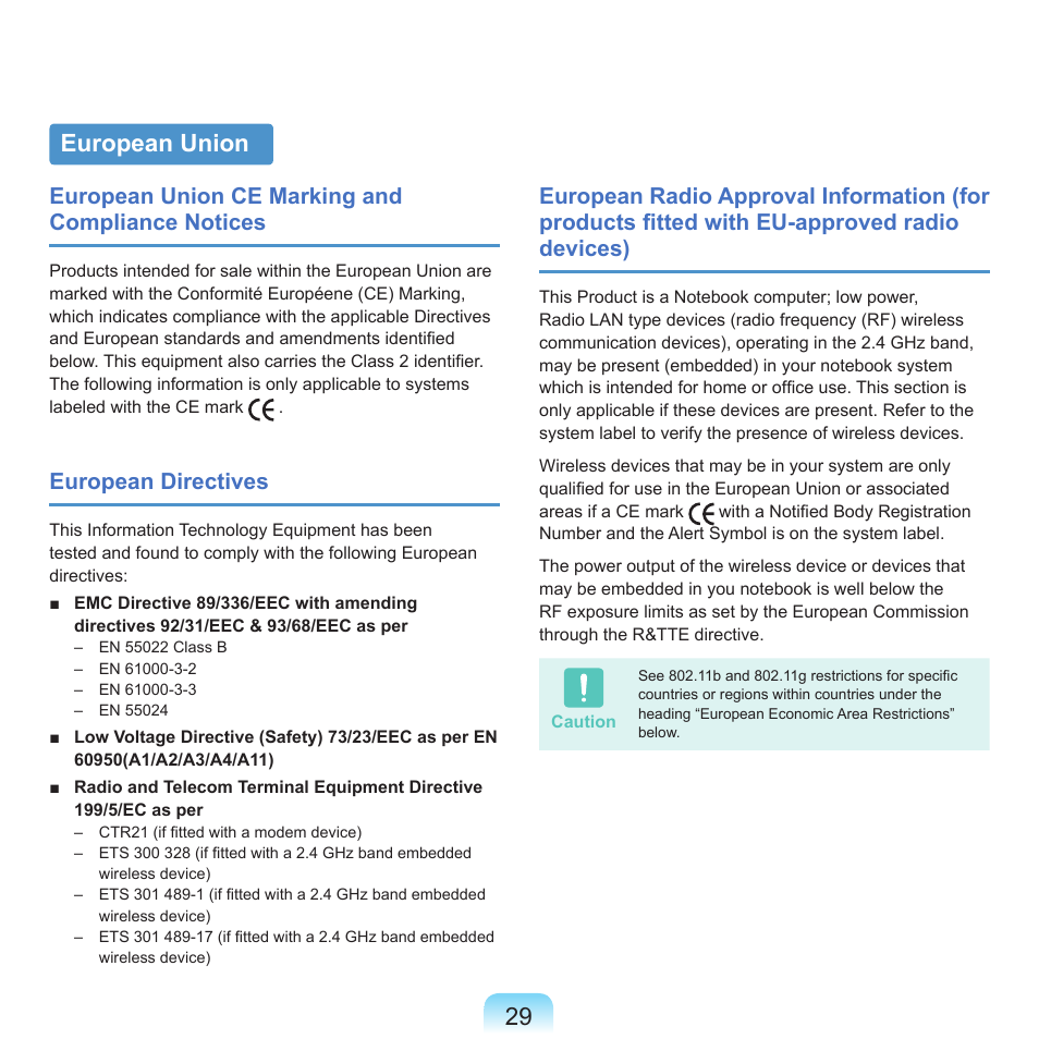 European union, European union ce marking and compliance notices, European directives | Samsung NP-X22-K01-SEA User Manual | Page 30 / 200