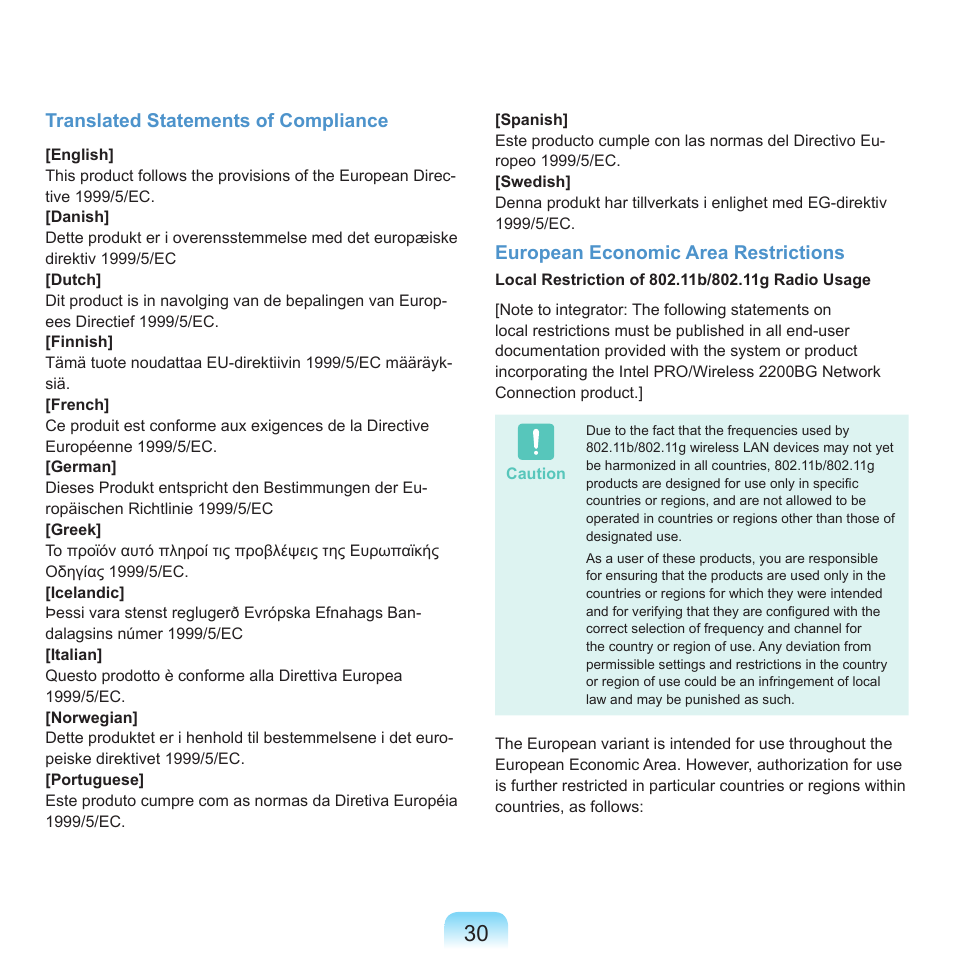 Translated statements of compliance, European economic area restrictions | Samsung NP-X22-K01-SEA User Manual | Page 31 / 200