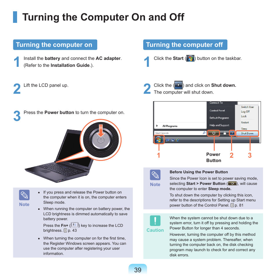 Turning the computer on and off, Turning the computer on, Turning the computer off | Samsung NP-X22-K01-SEA User Manual | Page 40 / 200