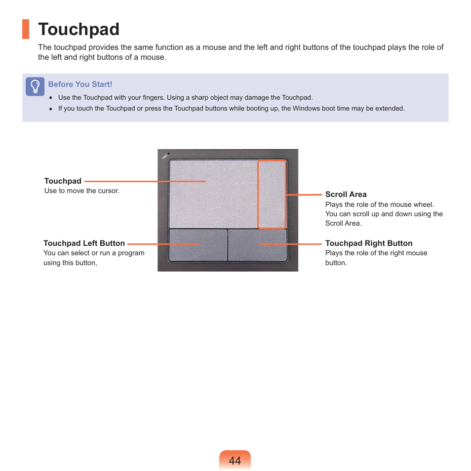 Touchpad | Samsung NP-X22-K01-SEA User Manual | Page 45 / 200