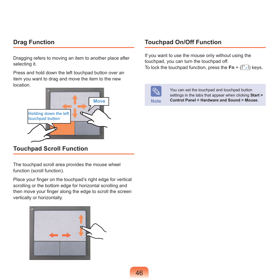 Drag function, Touchpad scroll function, Touchpad on/off function | Samsung NP-X22-K01-SEA User Manual | Page 47 / 200