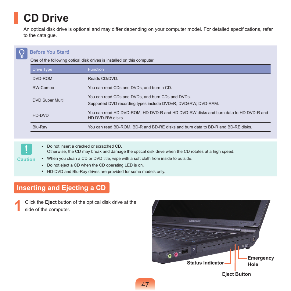 Cd drive, Inserting and ejecting a cd | Samsung NP-X22-K01-SEA User Manual | Page 48 / 200