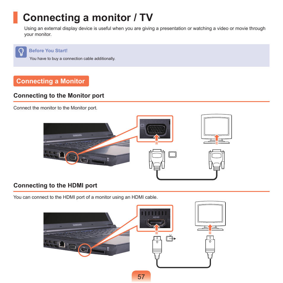 Connecting a monitor / tv, Connecting a monitor | Samsung NP-X22-K01-SEA User Manual | Page 58 / 200