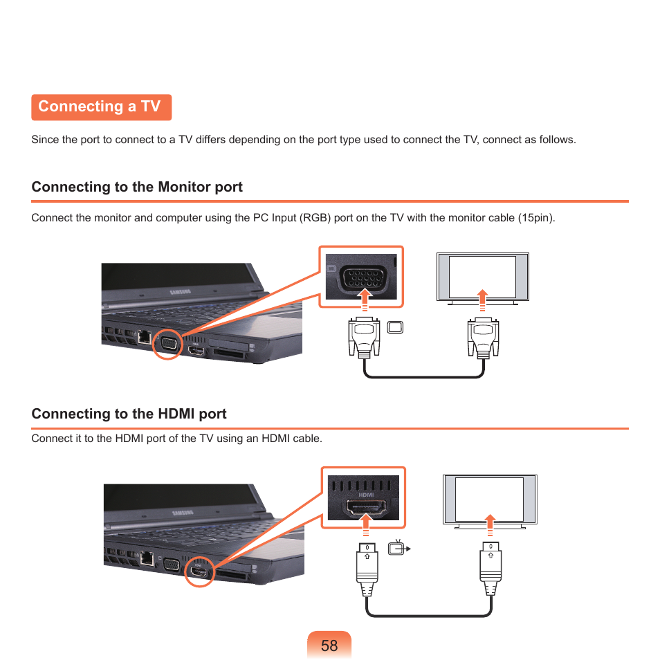 Connecting a tv | Samsung NP-X22-K01-SEA User Manual | Page 59 / 200